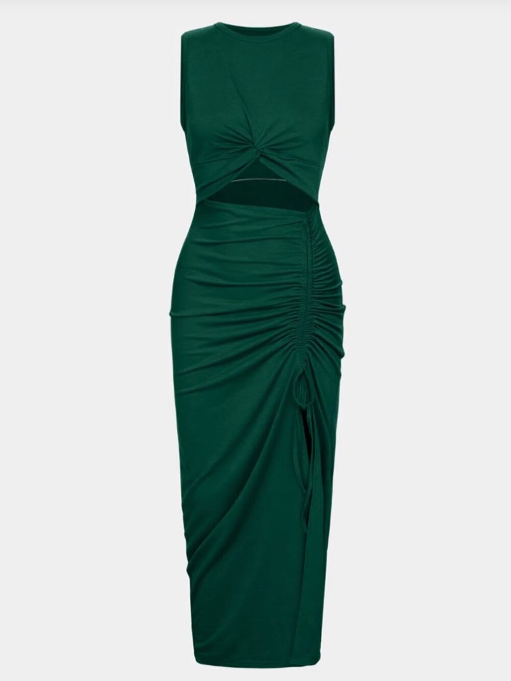 Halara Cut Out Ruched Drawstring Bodycon Maxi Dress Green Size M - Picture 2 of 13